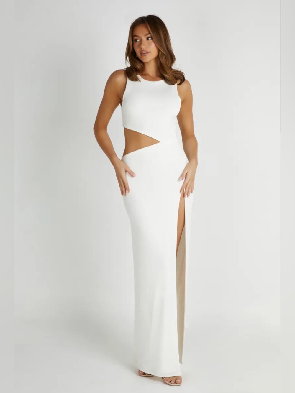 Meshki Vienna Slinky Maxi White Cutout Side-Slit Dress NWT XL